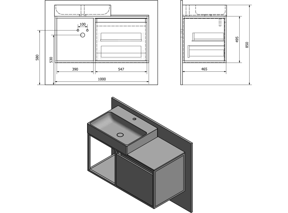 Sapho SKARA umývadlová skrinka 100x49, 5x46, 5cm, čierna mat/dub Alabama CG004-2222