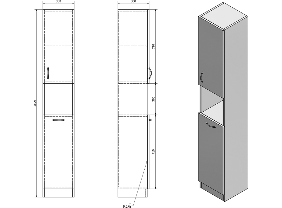 Aqualine SIMPLEX ECO vysoká skrinka s košom 30x180x30cm SIME310