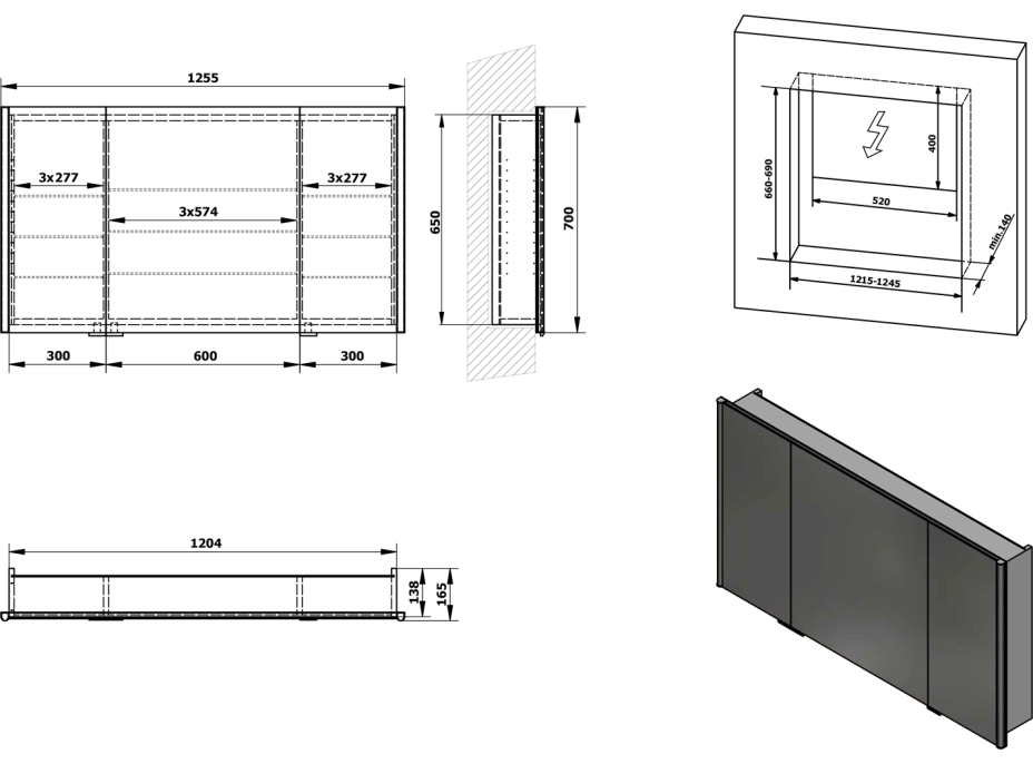 Sapho INTEGRA zápustná galerka s LED osvetlením, 125x70cm IN125