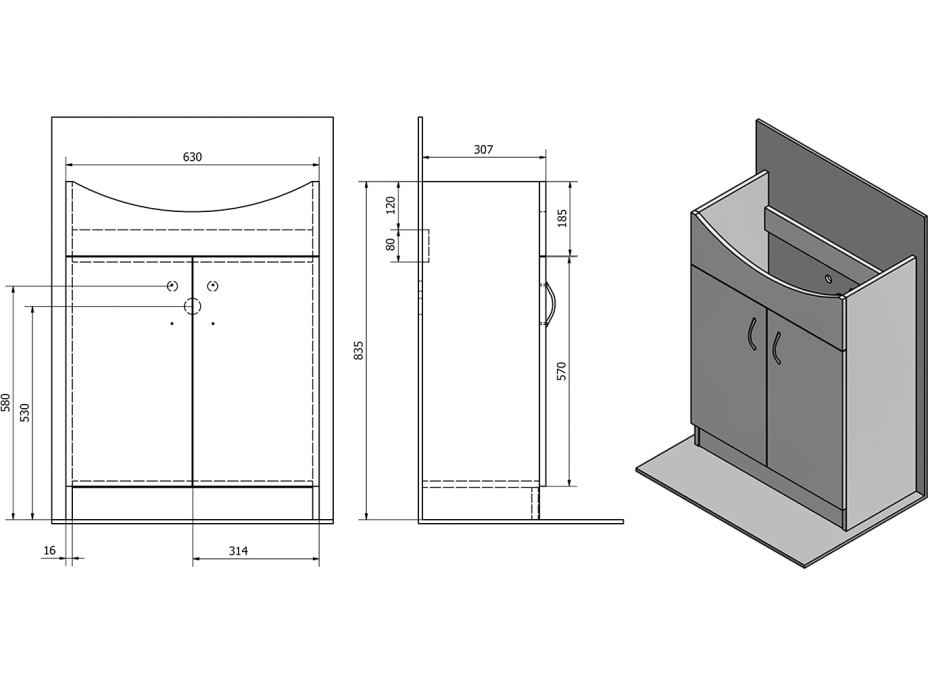 Aqualine SIMPLEX ECO 65 umývadlová skrinka vrátane umývadla 63x83, 5x30, 7cm SIME650