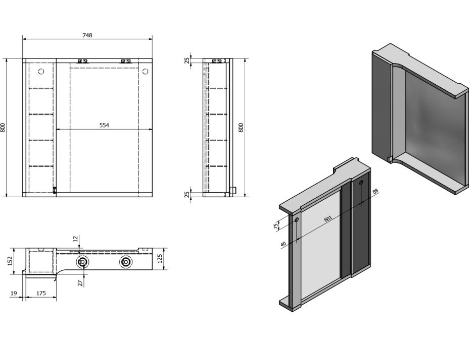 Sapho PULSE galerka s LED osvetlením, 75x80x17cm, ľavá, biela/antracit PU077-3034