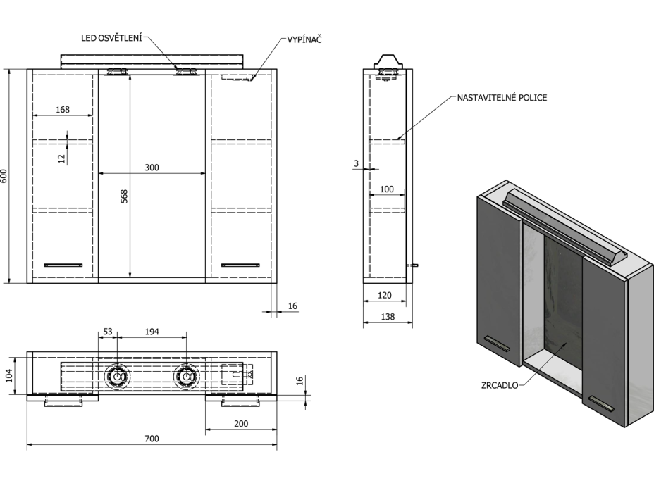 Aqualine ZOJA/KERAMIA FRESH galerka s LED osvetlením, 70x60x14cm, dub platín 45029