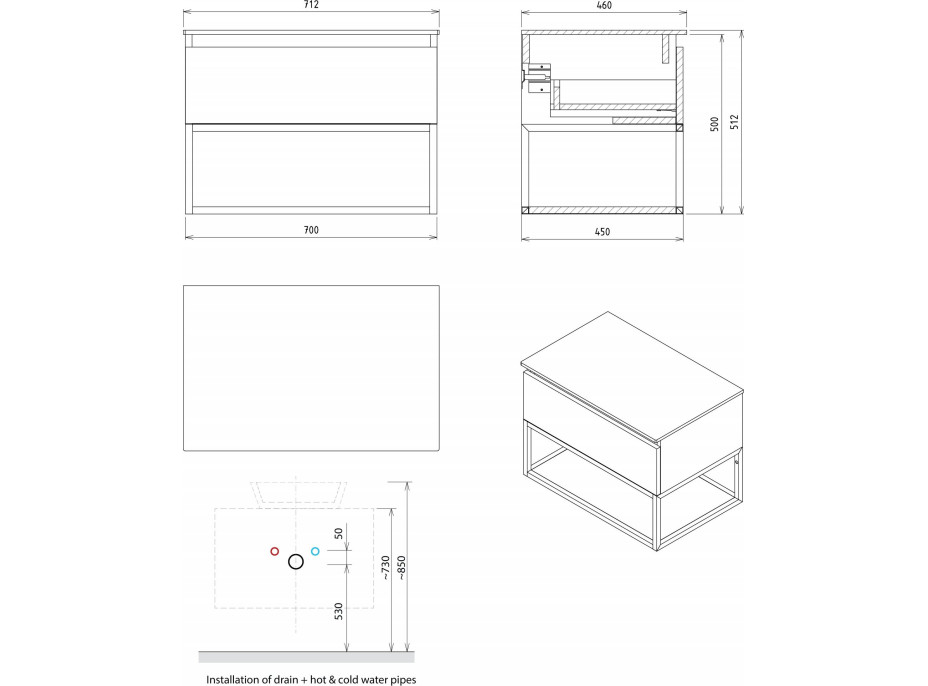 Sapho SKARA umývadlová skrinka 70x50x45cm, čierna mat/dub alabama CG005-2222