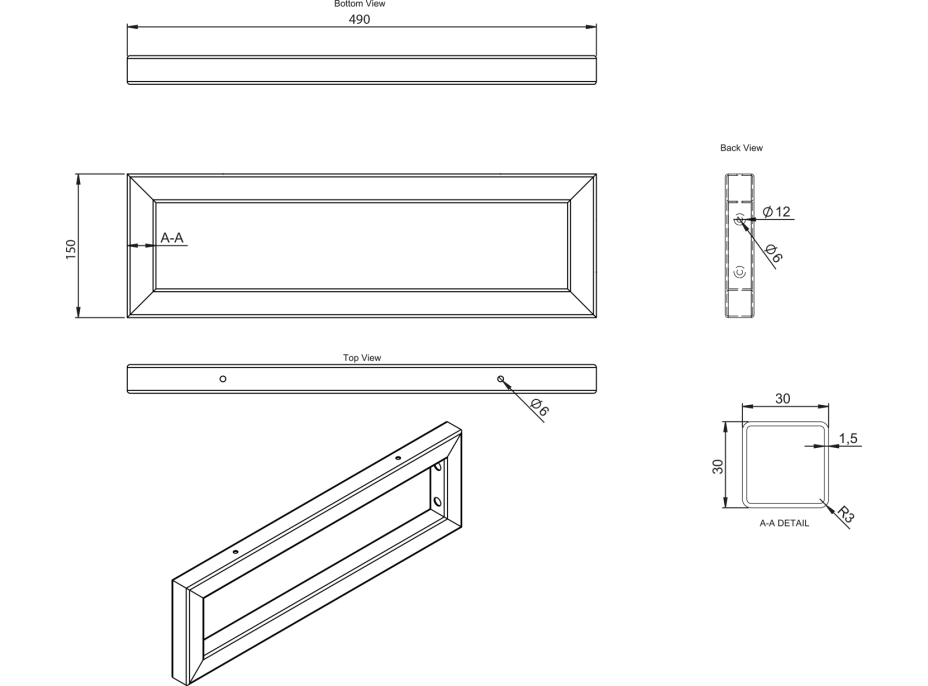 Sapho Podperná konzola 490x150x30 mm, nerez mat, 1 ks 30384