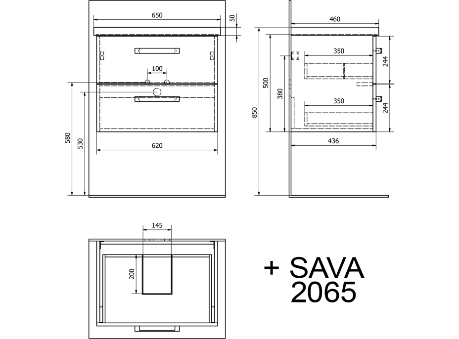 Aqualine VEGA umývadlová skrinka 62x50x43, 6cm, 2x zásuvka, biela VG064