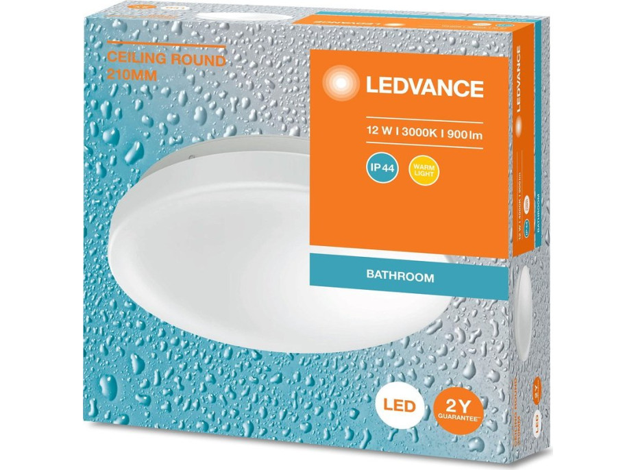 LEDVANCE Kúpeľňové stropné svietidlo, priemer 210mm, 900lm, 12W, 3000K, IP44 AC464780055