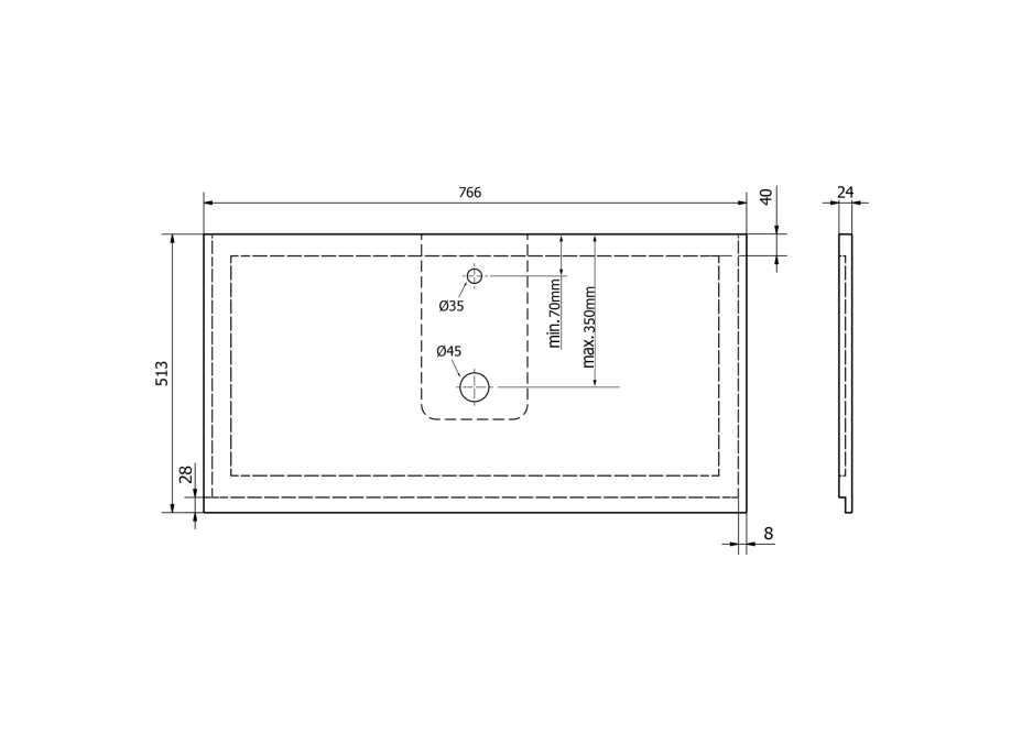 Sapho TREOS pracovná doska 766x513 mm, rockstone, biela mat TX077-0101