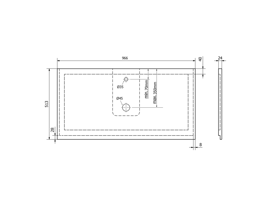 Sapho TREOS pracovná doska 966x513 mm, rockstone, biela mat TX097-0101