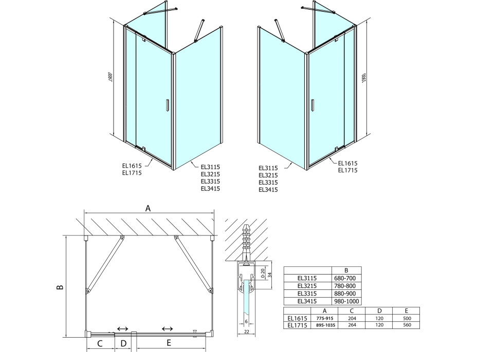 Polysan EASY LINE trojstenný sprchovací kút 900-1000x800mm, pivot dvere, L/P variant, číre sklo EL1715EL3215EL3215