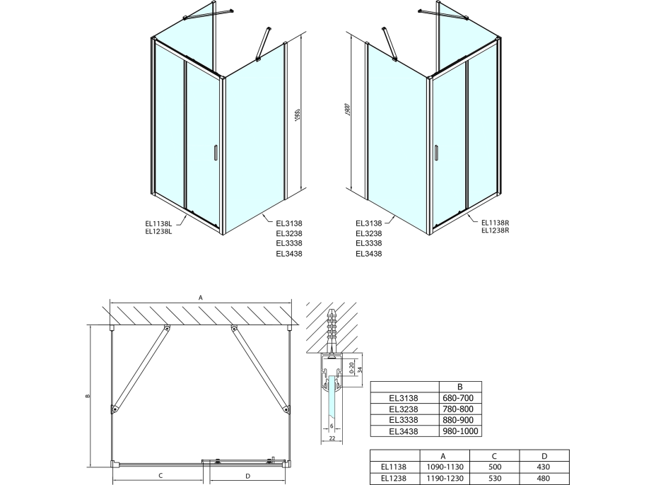 Polysan EASY LINE trojstenný sprchovací kút 1100x900mm, L/P variant, sklo Brick EL1138EL3338EL3338