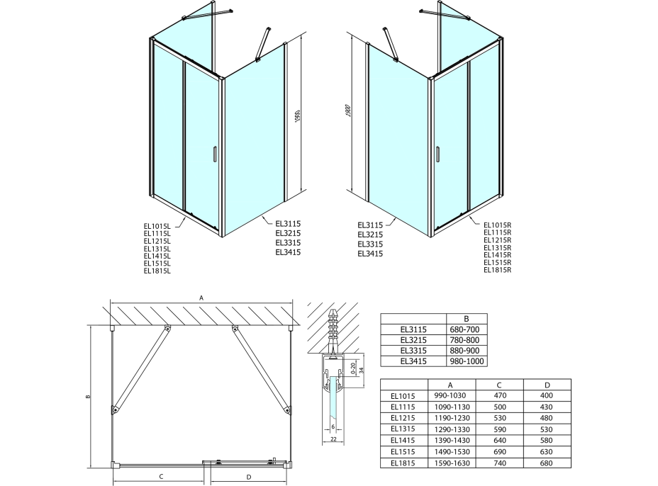 Polysan EASY LINE trojstenný sprchovací kút 1600x1000mm, L/P variant, číre sklo EL1815EL3415EL3415