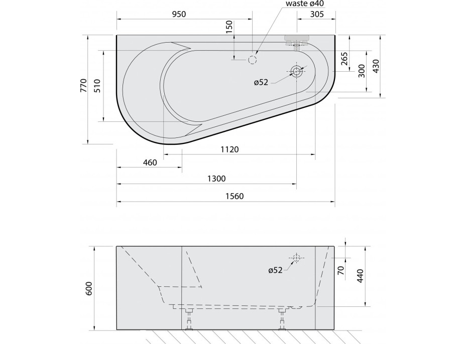 Polysan PROJEKTA DL MONOLITH nástenná stojaca vaňa 156x77x60cm, biela/čierna 20111MDLB