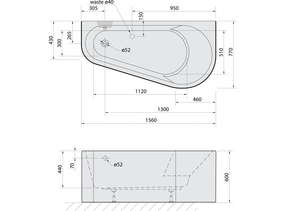 Polysan PROJEKTA DR MONOLITH nástenná stojaca vaňa 156x77x60cm, biela 21111MDR