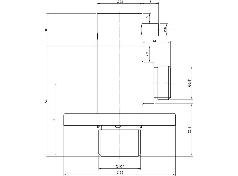 Sapho MINIMAL rohový ventil s rozetou, 1/2" x 3/8" pre teplú vodu, nerez mat MI058T