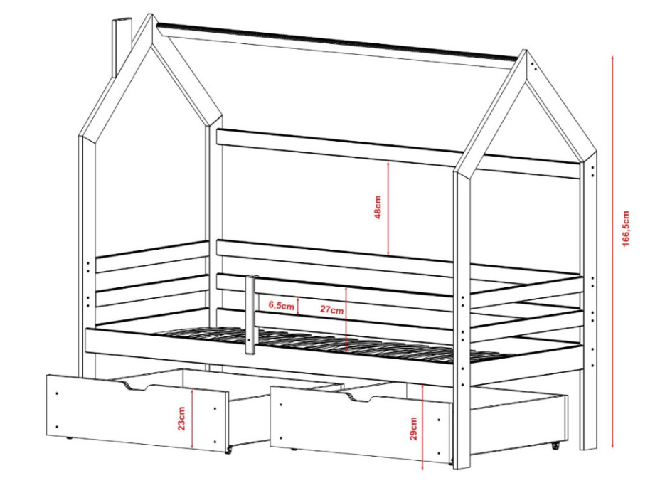 Detská domčeková posteľ so šuplíkmi LILIE - 200x90 cm - prírodná borovica
