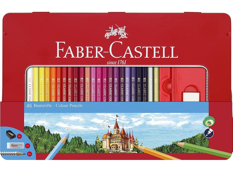 Faber-Castell Pastelky 48 ks v plechovom puzdre + strúhadlo, guma a ceruzky