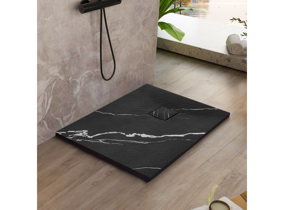 Sprchová SMC vanička REA MAGNUM CARRARA BLACK 90x90 cm - imitácia kameňa - čierna