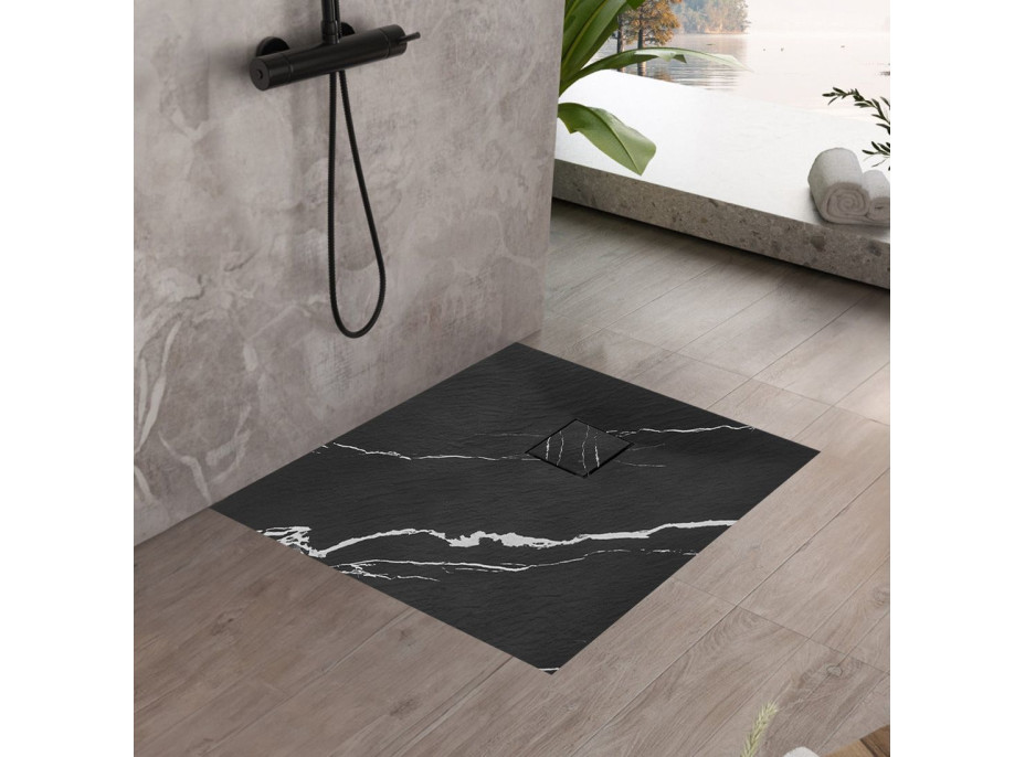 Sprchová SMC vanička REA MAGNUM CARRARA BLACK 90x90 cm - imitácia kameňa - čierna