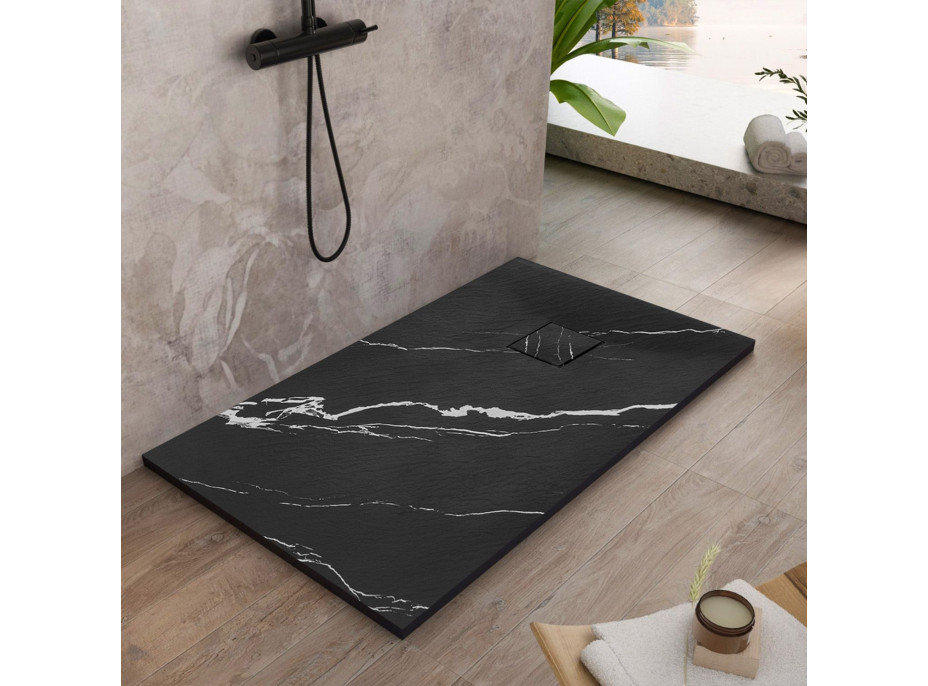 Sprchová SMC vanička REA MAGNUM CARRARA BLACK 90x120 cm - imitácia kameňa - čierna