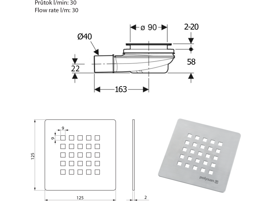 Polysan TRENECA vaničkový sifón, priemer otvoru 90mm, DN40, krytka nerez 84999