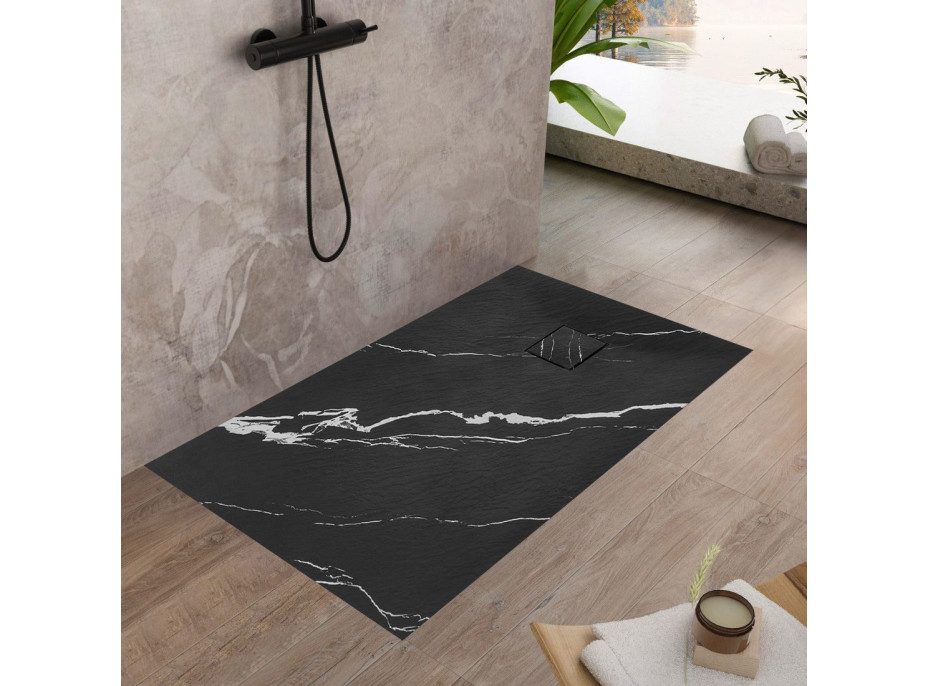 Sprchová SMC vanička REA MAGNUM CARRARA BLACK 90x120 cm - imitácia kameňa - čierna