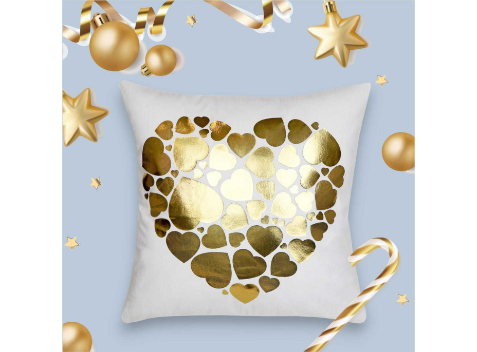 Obliečka na vankúš GOLD LOVE VELVET Hearts 40x40 cm - biela/zlatá