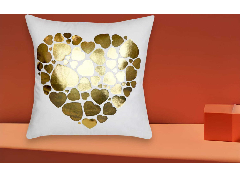 Obliečka na vankúš GOLD LOVE VELVET Hearts 40x40 cm - biela/zlatá