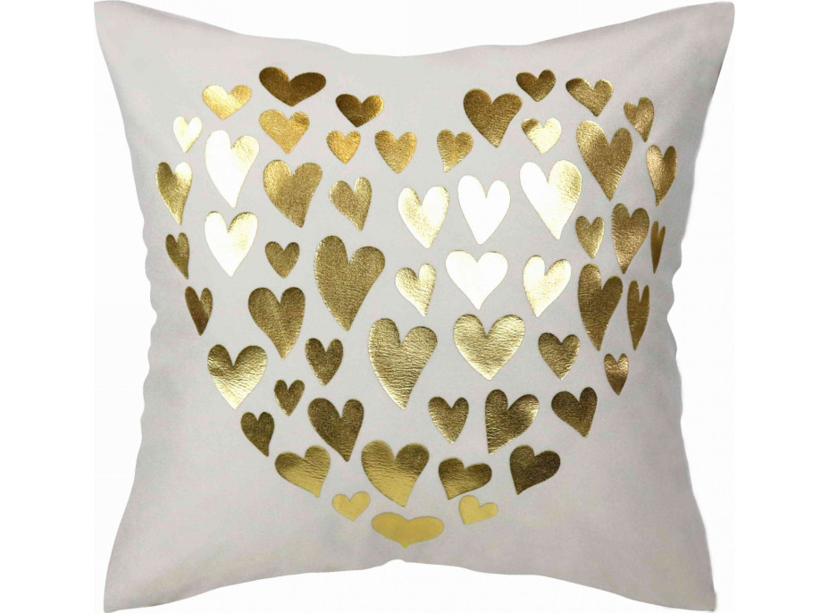 Vankúš GOLDEN LOVE VELVET Hearts 40x40 cm - biely / zlatý