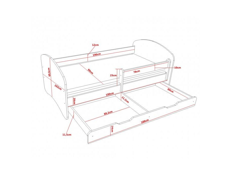 Detská posteľ so šuplíkom a gravírovaním 190x90 cm PSÍK