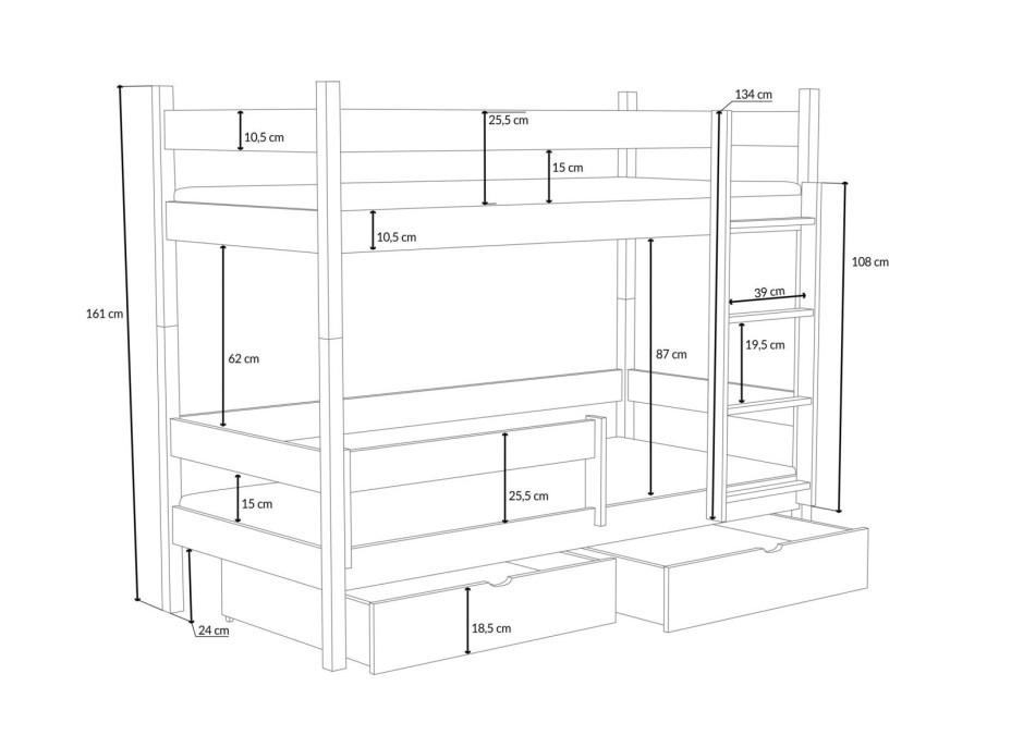 Detská poschodová posteľ z masívu borovice LEGEND so šuplíkmi - 200x90 cm - PRÍRODNÁ BOROVICA