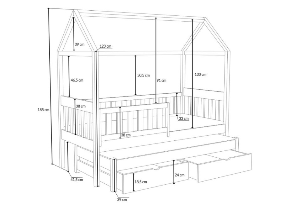 Detská domčeková posteľ z masívu borovice REVOLUT s prístelkou a šuplíky - 200x90 cm - prírodná borovica