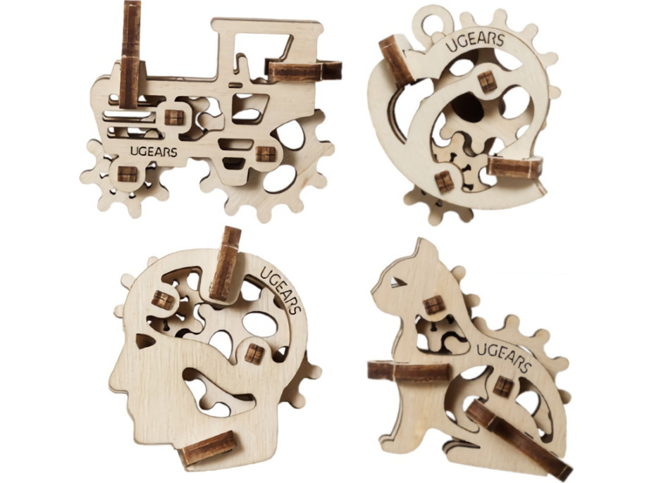 Ugears 3D drevené mechanické puzzle 4 mechanické prívesky Charakterové symboly