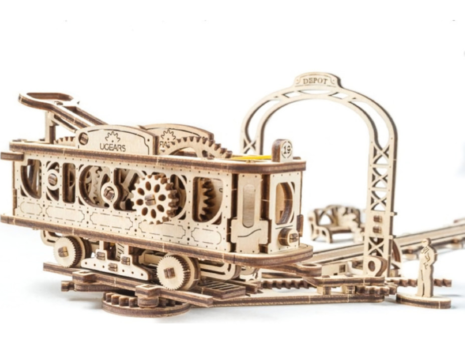 Ugears 3D drevené mechanické puzzle Mechanical Town električková linka