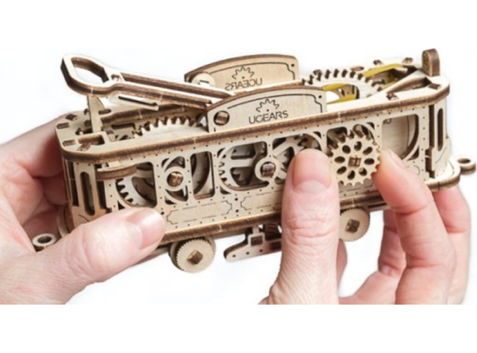 Ugears 3D drevené mechanické puzzle Mechanical Town električková linka