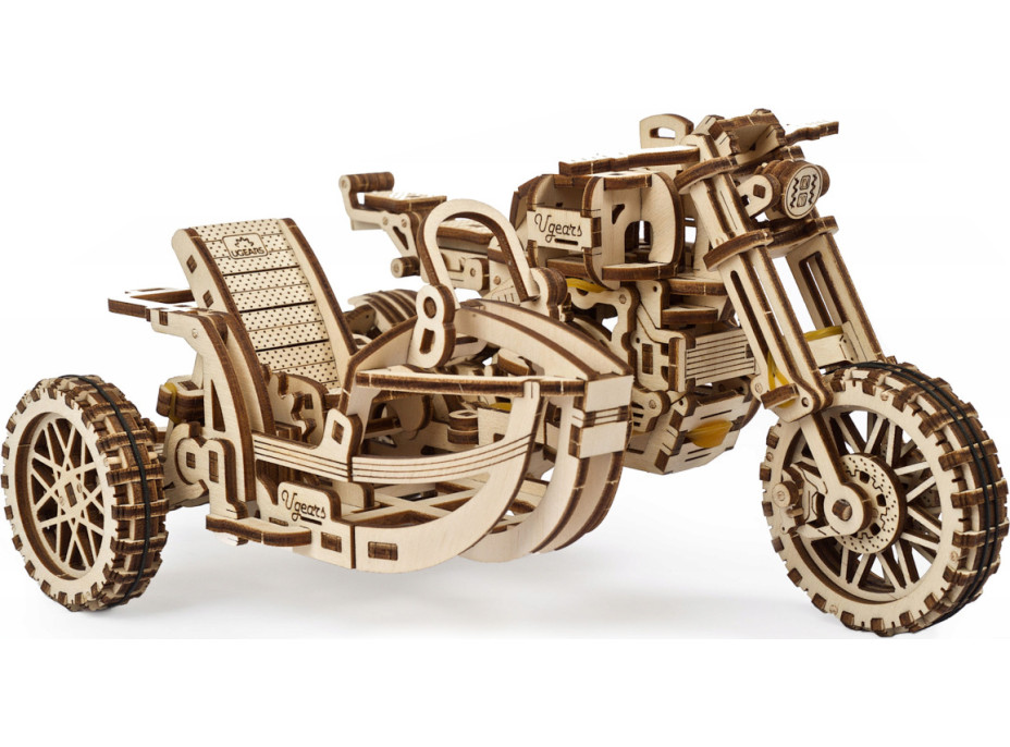 Ugears 3D drevené mechanické puzzle UGR-10 Motorka (scrambler) s vozíkom