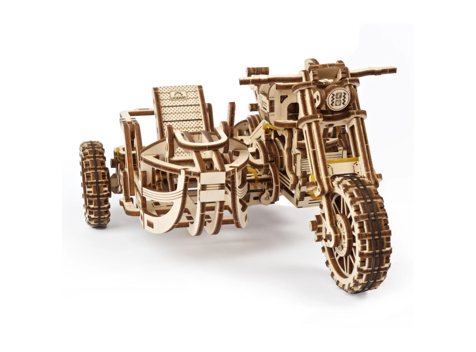 Ugears 3D drevené mechanické puzzle UGR-10 Motorka (scrambler) s vozíkom