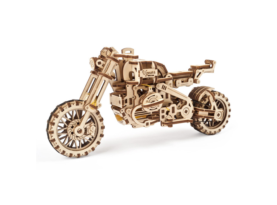 Ugears 3D drevené mechanické puzzle UGR-10 Motorka (scrambler) s vozíkom