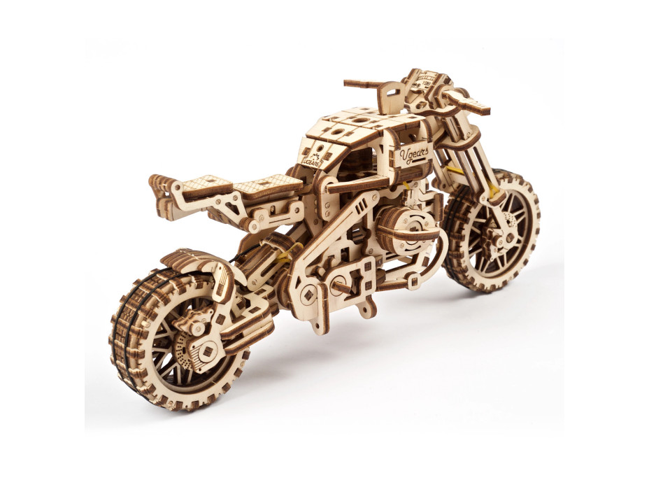 Ugears 3D drevené mechanické puzzle UGR-10 Motorka (scrambler) s vozíkom