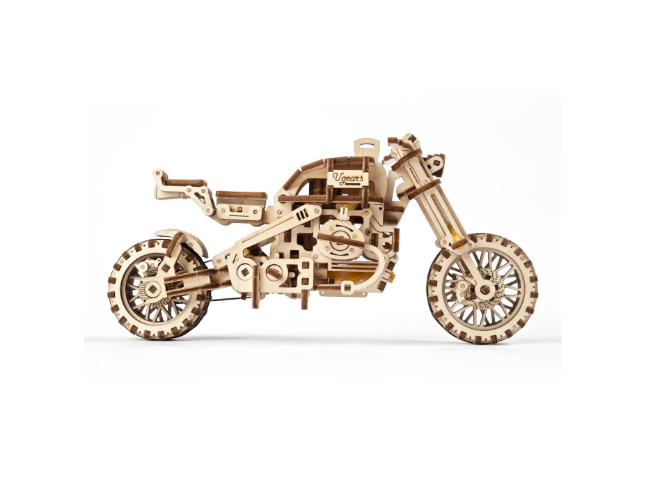 Ugears 3D drevené mechanické puzzle UGR-10 Motorka (scrambler) s vozíkom