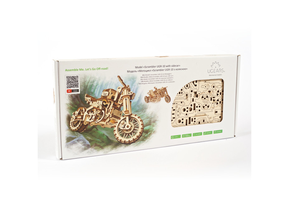 Ugears 3D drevené mechanické puzzle UGR-10 Motorka (scrambler) s vozíkom