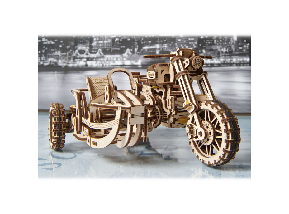 Ugears 3D drevené mechanické puzzle UGR-10 Motorka (scrambler) s vozíkom