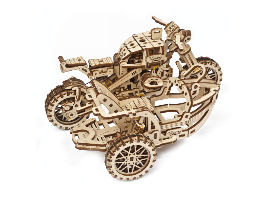 Ugears 3D drevené mechanické puzzle UGR-10 Motorka (scrambler) s vozíkom