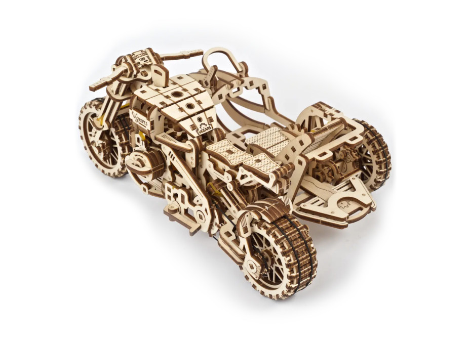 Ugears 3D drevené mechanické puzzle UGR-10 Motorka (scrambler) s vozíkom