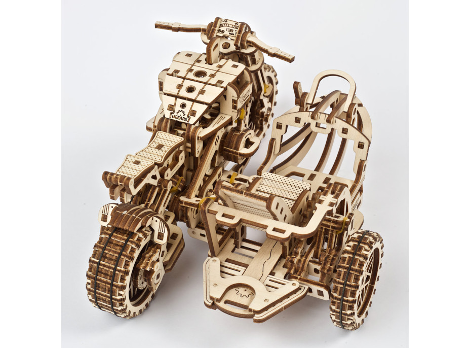 Ugears 3D drevené mechanické puzzle UGR-10 Motorka (scrambler) s vozíkom