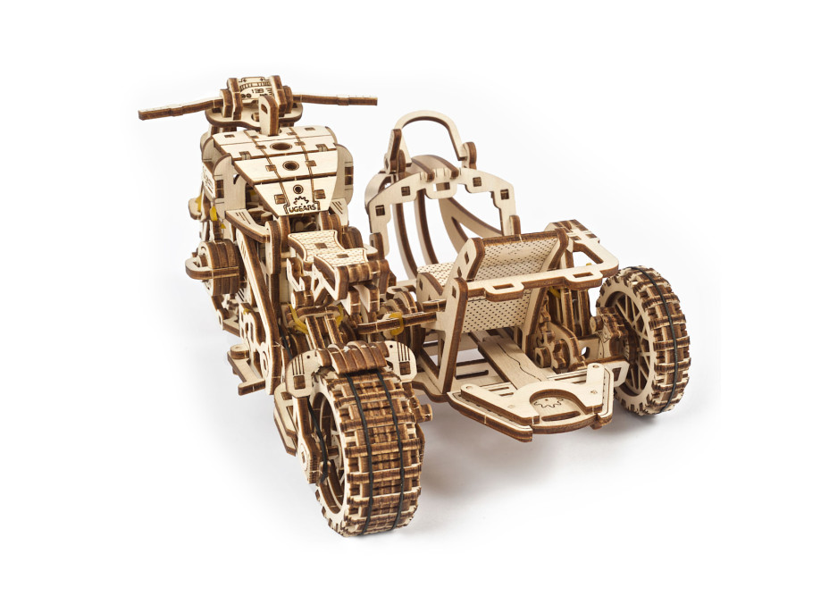 Ugears 3D drevené mechanické puzzle UGR-10 Motorka (scrambler) s vozíkom