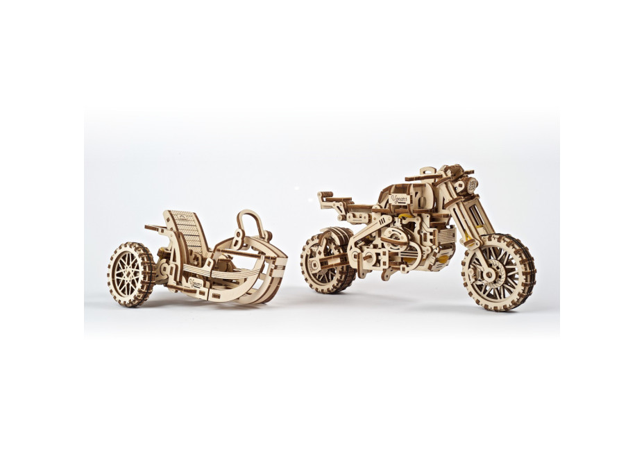 Ugears 3D drevené mechanické puzzle UGR-10 Motorka (scrambler) s vozíkom