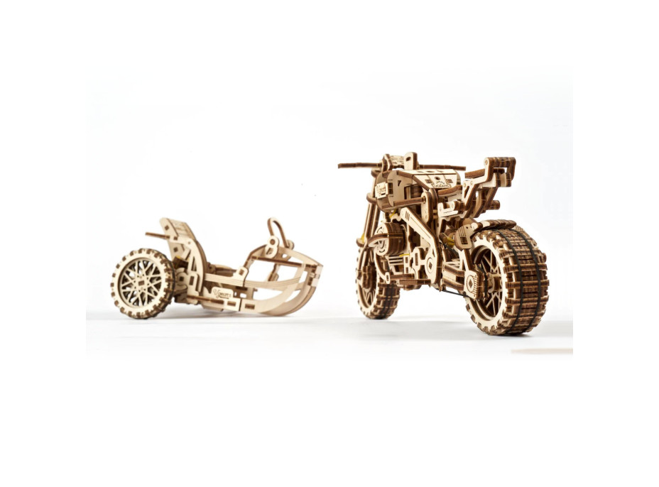 Ugears 3D drevené mechanické puzzle UGR-10 Motorka (scrambler) s vozíkom