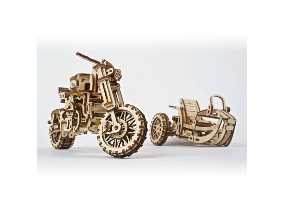 Ugears 3D drevené mechanické puzzle UGR-10 Motorka (scrambler) s vozíkom