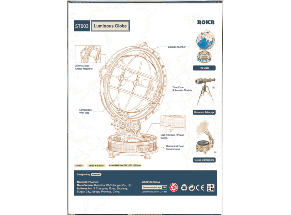 RoboTime 3D drevené mechanické puzzle Svietiaci glóbus