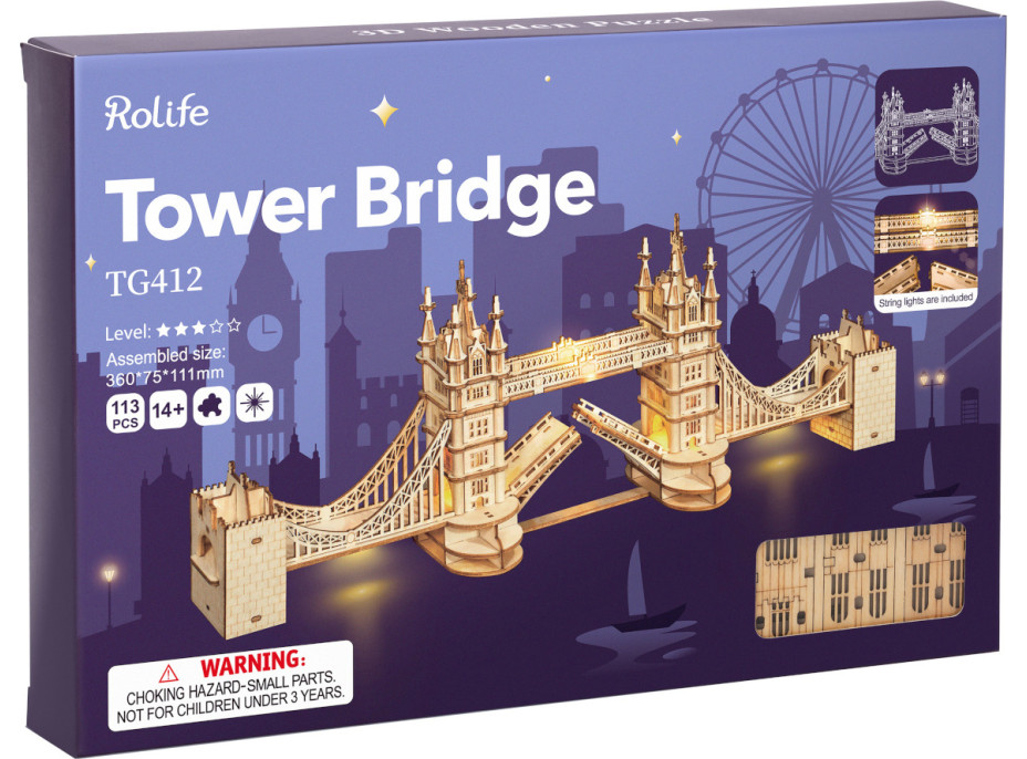 RoboTime drevené 3D puzzle most Tower Bridge svietiace